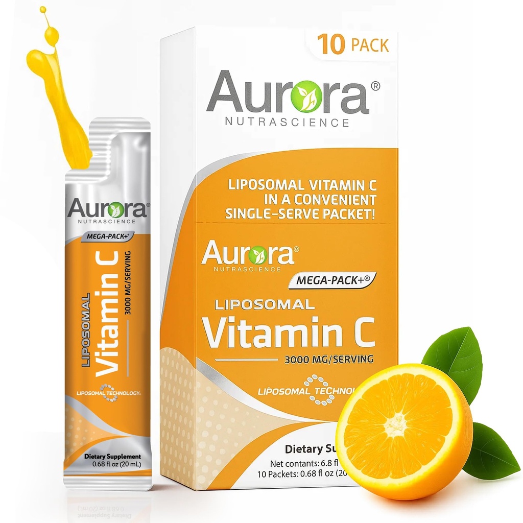 Aurora Nutrascience Mega- Pack Liposomální vitamin C, imunitní podpora, 3000 mg per Serving, Vegan, Gluten Free, Non- GMO, 10 Single Serve Packets, Orange