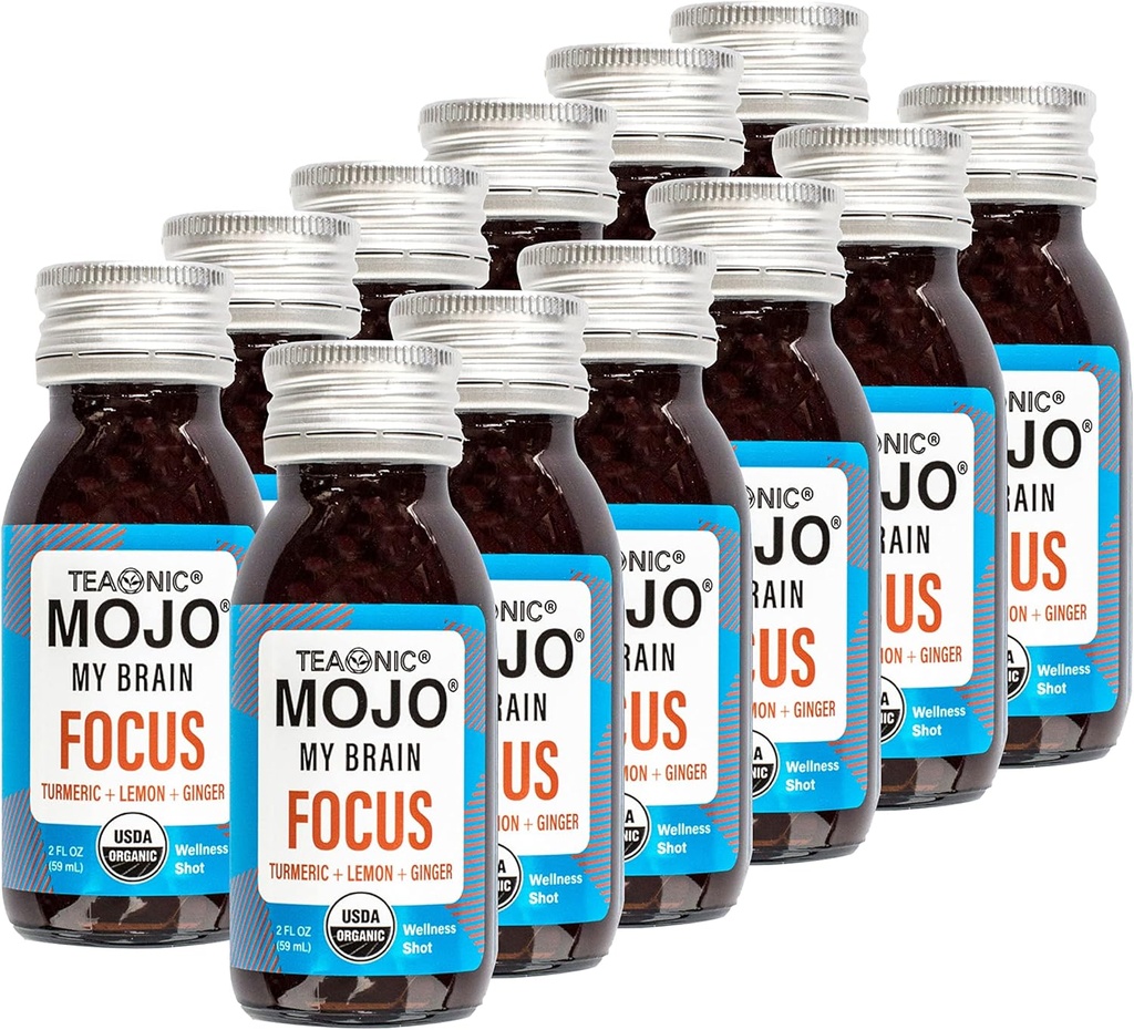 TEAONIC Můj mozek Mojo: Focus Wellness Shots - USDA- Certified Vegan Formule s Ginkgo Biloba, Ginger, Turmeric - 12 Lahve x 2 Fl Oz Each - Gluten- Free, Non- GMO