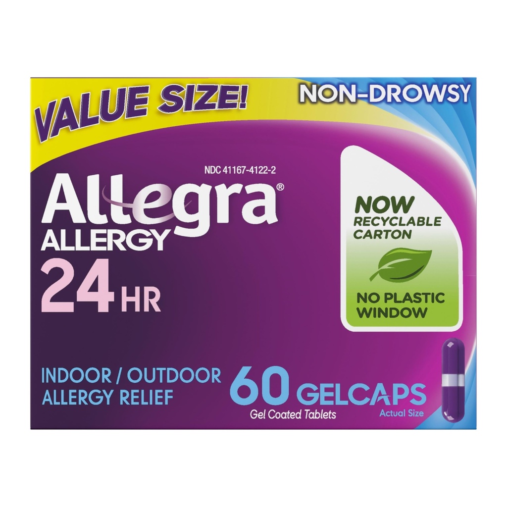 Allegra Dospělý 24-hodinová alergie Relief Gelcaps, Non- Drowsy Indoor and Outdoor Alergics Medicine, 180 mg Fexofenadine HCI Antihistaminium Pill, 60- Počet