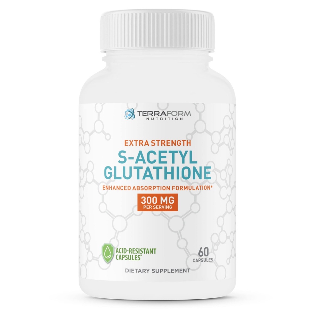 TerraForm Nutrition Extra S- Acetyl Glutathione 300mg - 60 Acid- Residant Kapsle - Premium Glutathione dodatek - Vysoce biologicky dostupný & stabilní formulář SAG dodatek - Made in USA