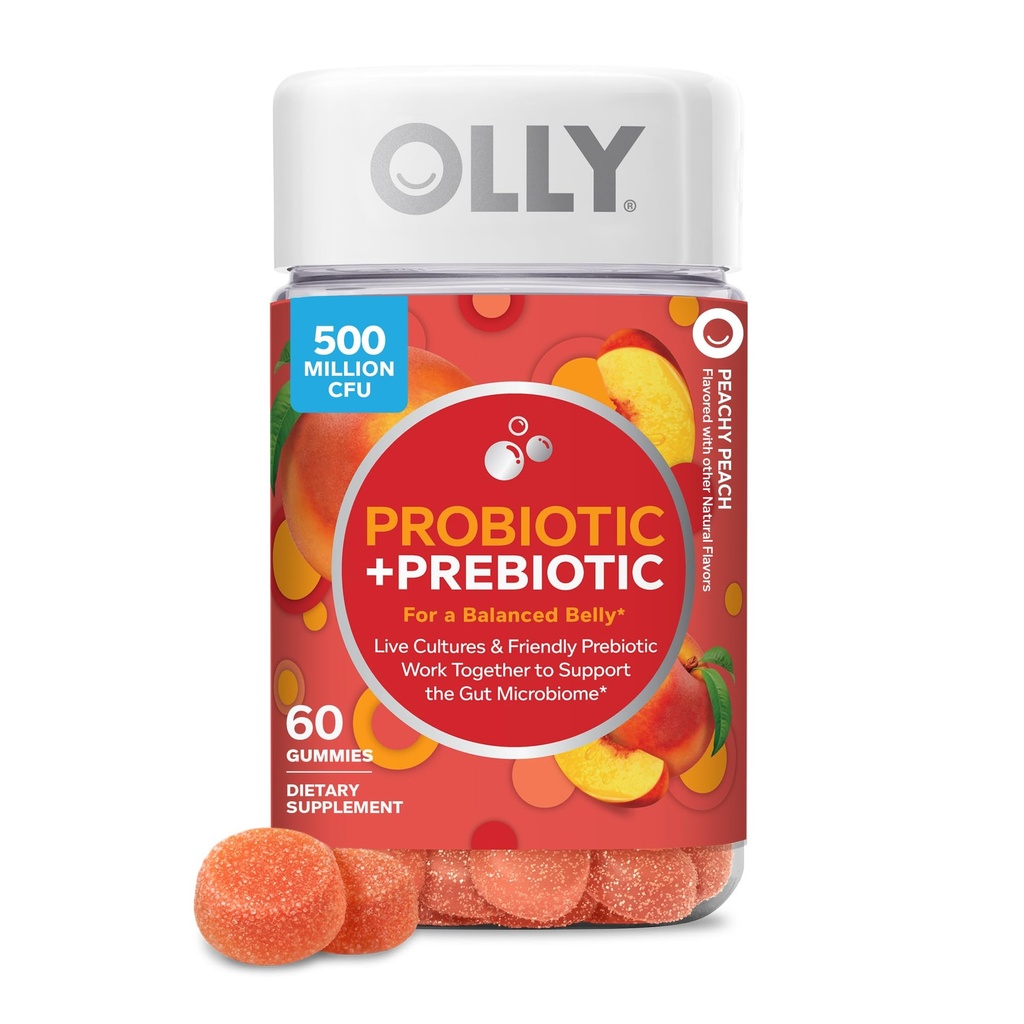 OLLY Probiotic + Prebiotický Gummy, stravovací podpora a Gut zdraví, 500 milionů CFU, Vláknina, Dospělý Žvýkací doplněk pro muže a ženy, Broskve, 60 denní zásobování - 60 Počet