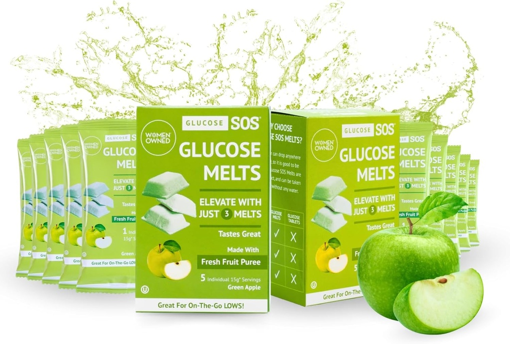 Glukóza SOS Melts Made with Dextrose Powder Natural Fruit Puree Sugar, Glukóza Tabs, Sportovní dodatek, Rychlé hraní tablety s 10 Individuální 15g Service of Green Apple