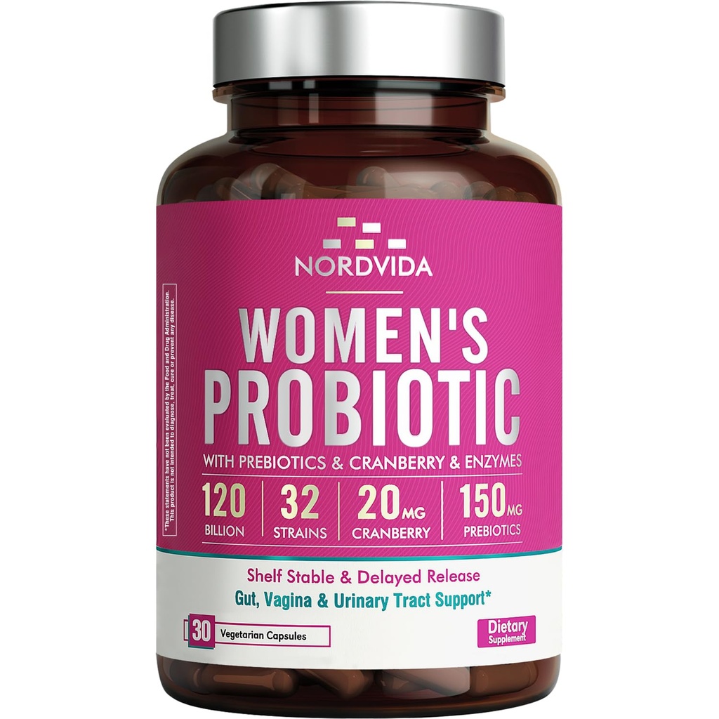 Ženské probiotické, 120 Milionů & 32 Strains s brusinkami, Prebiotika & Digestive Enzymy, Gut, Vaginální & Močové Tract Support, 30 Zpožděné uvolnění kapsle