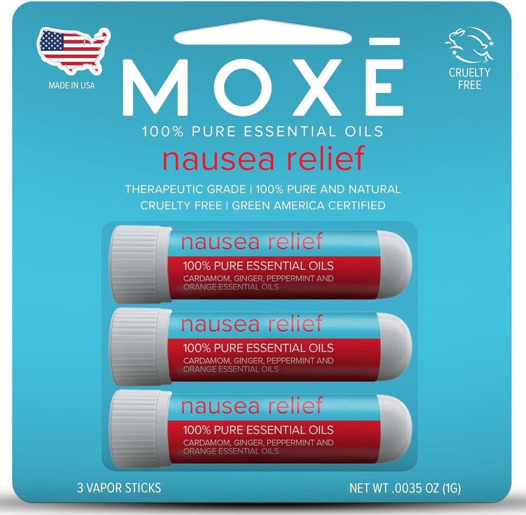 MOXE Nausia Nasal Inhaler Sticks, All Natural Essential Oil Blend, Ginger, Cardamom, Peppermint, Sweet Orange, Upset Žaludek, Bolest hlavy, Easy- to- Use Přenosné aromaterapie, Made in USA, 3 Pack