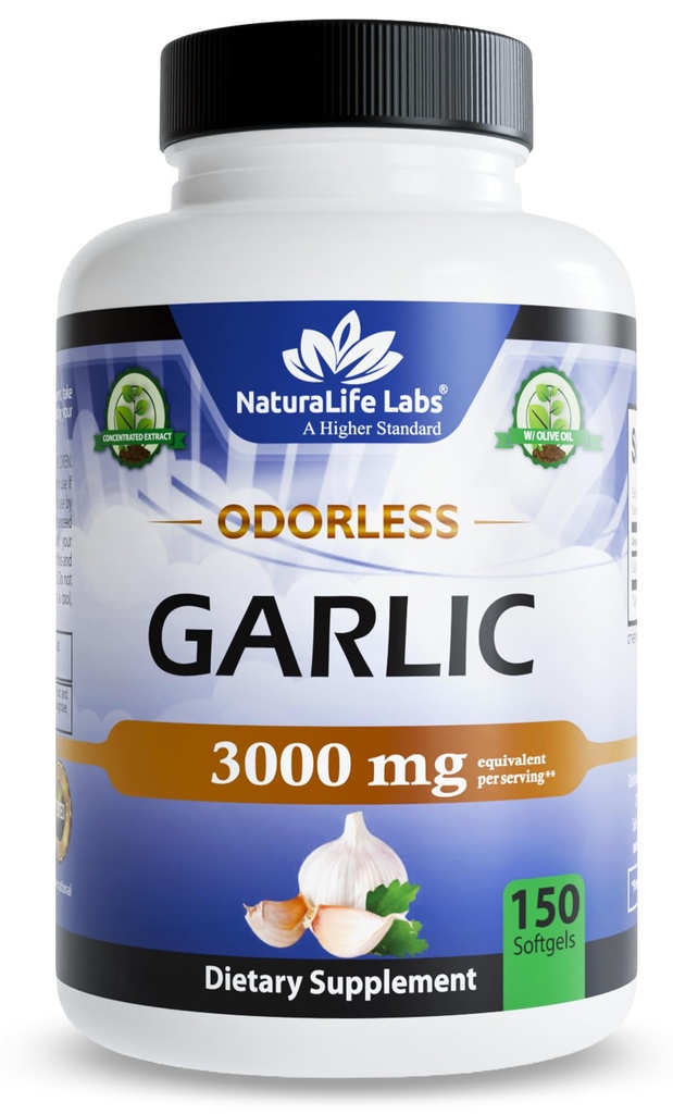 NaturaLife Labs Odorless Česnek - 3.000 mg Ekvivalentní per Serving - 150 Softgels - Koncentrovaný česnek Bulb Extract s organickým extra panenský olivový olej - Non- GMO, gluten- Free