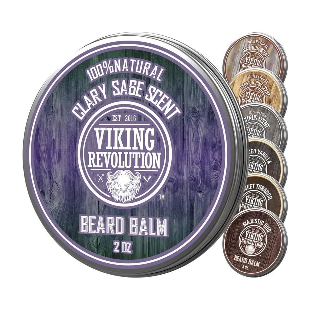 Viking Revolution Clary Sage Beard Balm - Vousové máslo s arganovým olejem, Vousy Softtener pro muže s jojobovým olejem - Vousy Moisturizer pro muže s včelím voskem - Vousy pro muže (2oz, 1 balení)