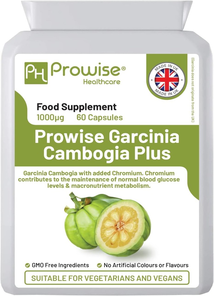 Garcinia Cambogia 1000mg 60 kapslí - UK Manufactured CLAS124; GMP Standardy Prowise Healthcare - Vhodné pro vegetariány a vegany