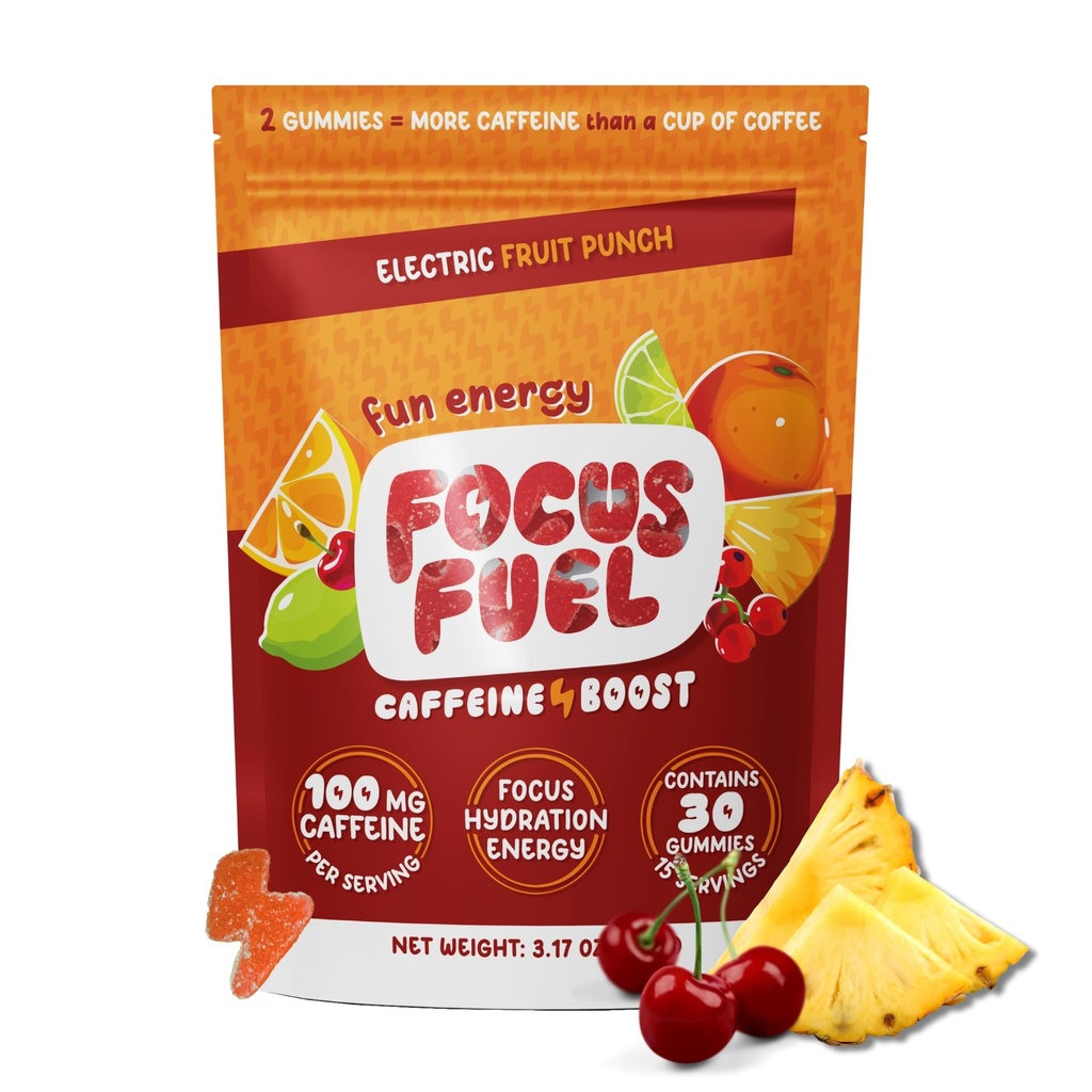 FocusFuel Energy Chews - Fruit Punch Flavor (15 Servings) - 100mg kofeinu + L- Theanine + B12, Magnesium - Focus & Energy - No Crash nebo Jitters