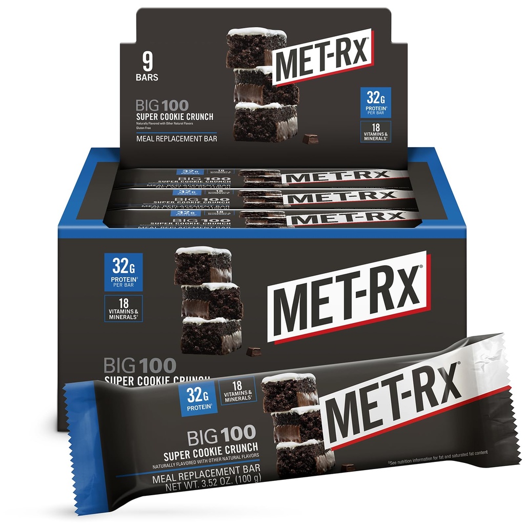 MET- Rx Big 100 Protein Bar, Strava Náhradní Bar, 32G Protein, Super Cookie Crunch, 9 Bary (Balení po 1)
