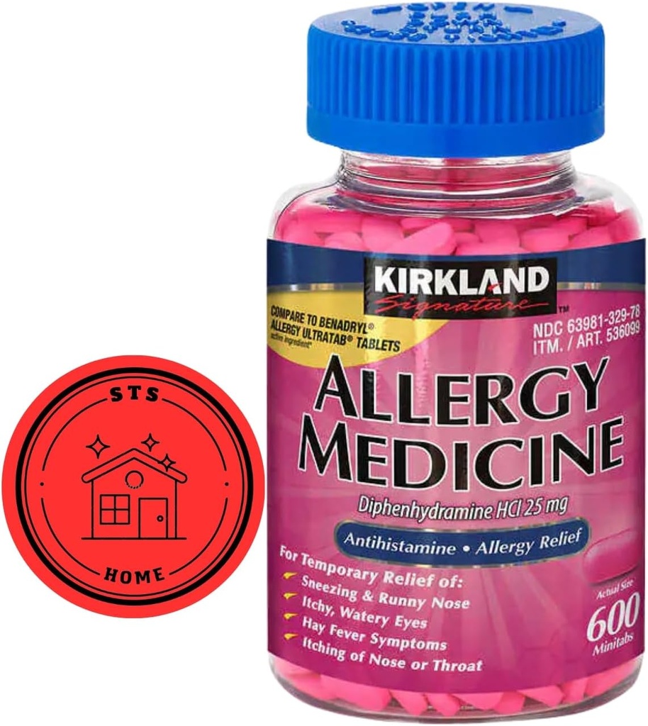 KirkIand Podpis Alergie Medicine Difenhydramine HCI 25 Mg, 600 Minitabs + STS Nálepka.