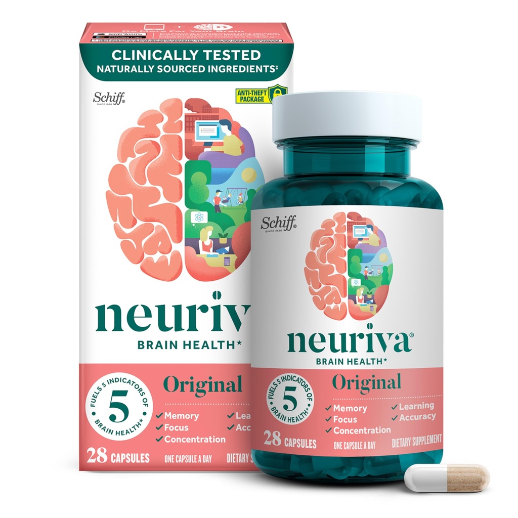 NEURIVA Original Decaffeinated Clinically Tested Nootropic Brain Supplement for Memory, Focus & Concentration, NeuroFactor & Fosfatidylserine, 28ct Kapsle