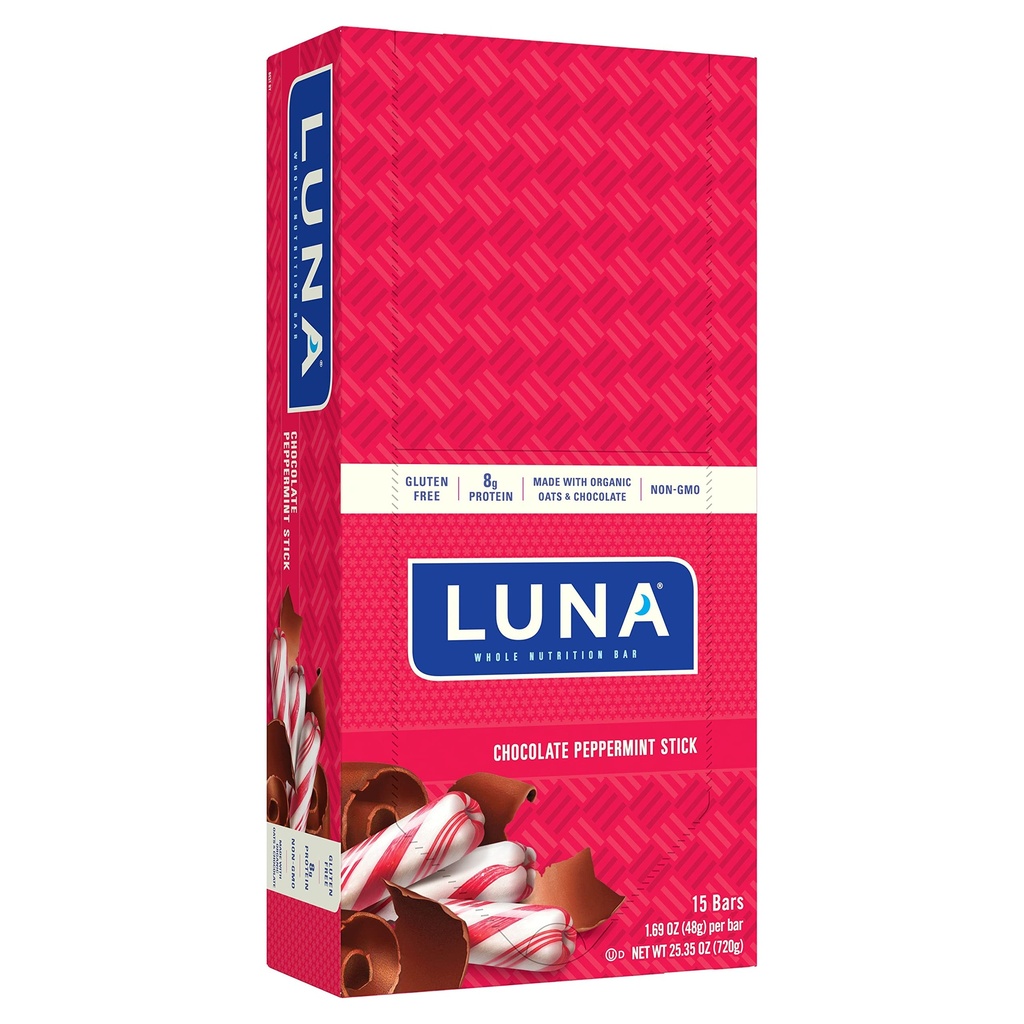 LUNA - Gluten Free Snack Bary - Chocolate Peppermint Stick -8g proteinu - Non- GMO - Plant- based Worsome Snacking - On the Go Snacks (1.69 Ounce Snack Bars, 15 Count)