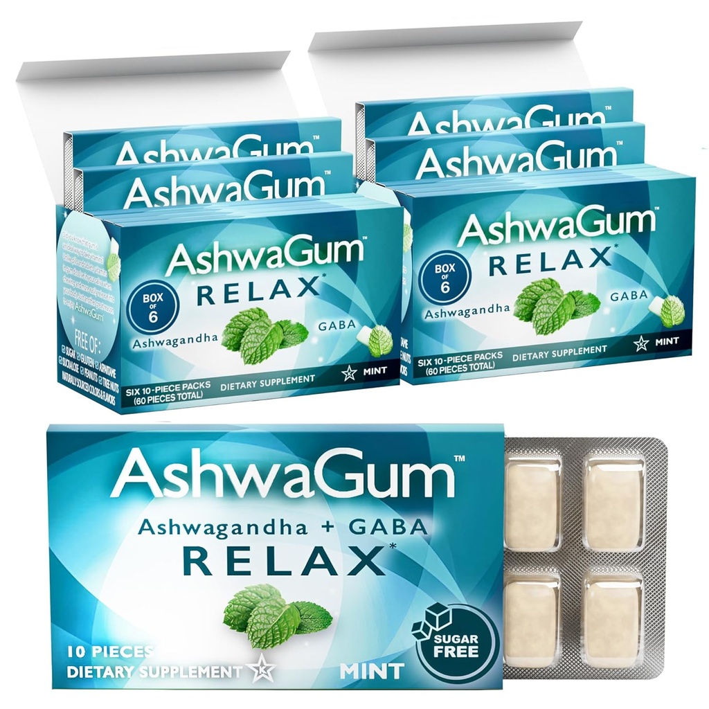 AshwaGum RELAX Gum by BetterGum, High Potency Dodatek s KSM 66 Ashwagandha a Gaba, podporuje Stress a napětí Relief, Alternativa k žvýkačky, Sugar- Free, Pack of 2