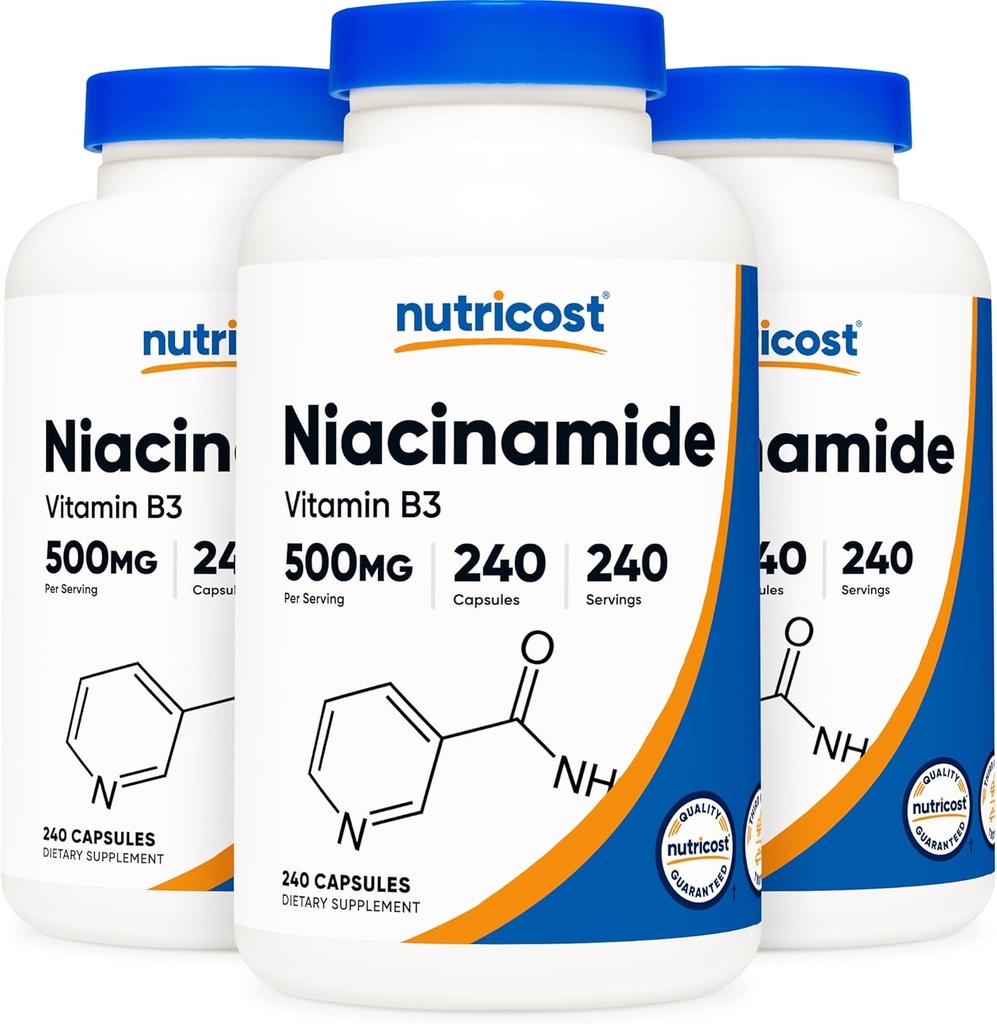 Nutricost Niacinamid (vitamin B3) 500mg, 240 tobolek (3 lahvičky)