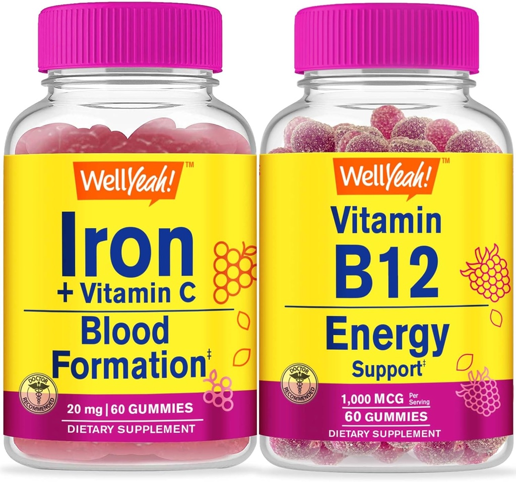 WellYeah Iron + Vitamin C + Vitamin B12 1000mcg, Gummies Bundle - Great Toasting, Vitamin dodatek, Lepek zdarma, GMO zdarma, Žvýkací žlab