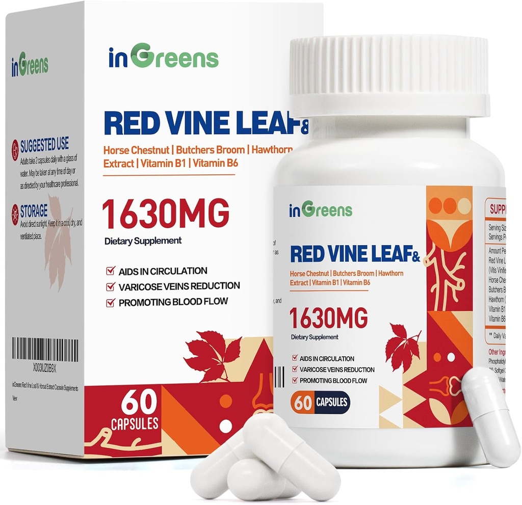 Red Vine Leaf Extract 1630mg s koněm Chestnut, Řezník Broom, Hawthorn dodatek pro Varicose Veins, Leg, Circulation, Heart, Skin, Podpora pro srdce zdraví, Made in USA, 60 Kapsle