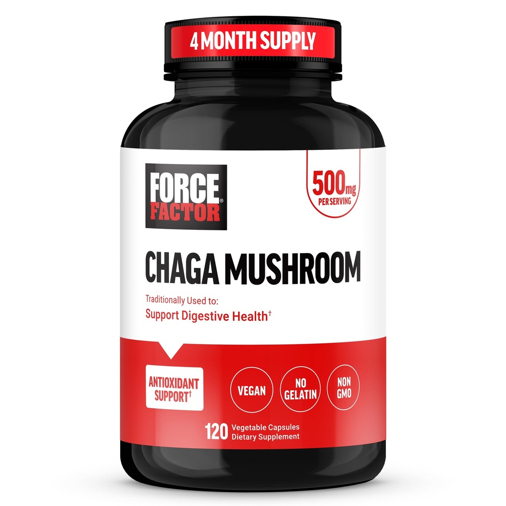 FORCE FACTOR Chaga Houby Kapsle, Houbový dodatek k podpoře Gut zdraví a trávení, Vyrobeno z reálných Houby, Vegan, Non- GMO, 120 Kapsle