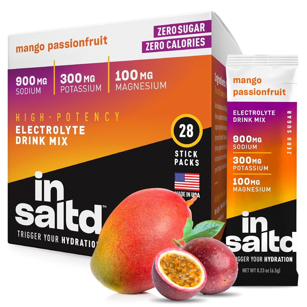 INSALTD ™ Sugar Free Electrolytes Powder Packets with No Stevia After taste OF 124; High- Potency Hydration Packets OF 124; Keto Electrolyte Drinky OF 124; Intermitent Fasting Drink Mix OF 124; 28 Pack (Mango Passionfruit)