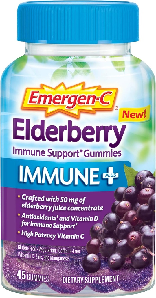 Emergen- C Imunitní + Elderberry Gummies, 750 mg Vitamin C s vitamínem D, zinek a elektrolyty, Imunitní podpora doplněk stravy, kofein zdarma, Lepek zdarma, Elderberry Flavor - 45 Počet