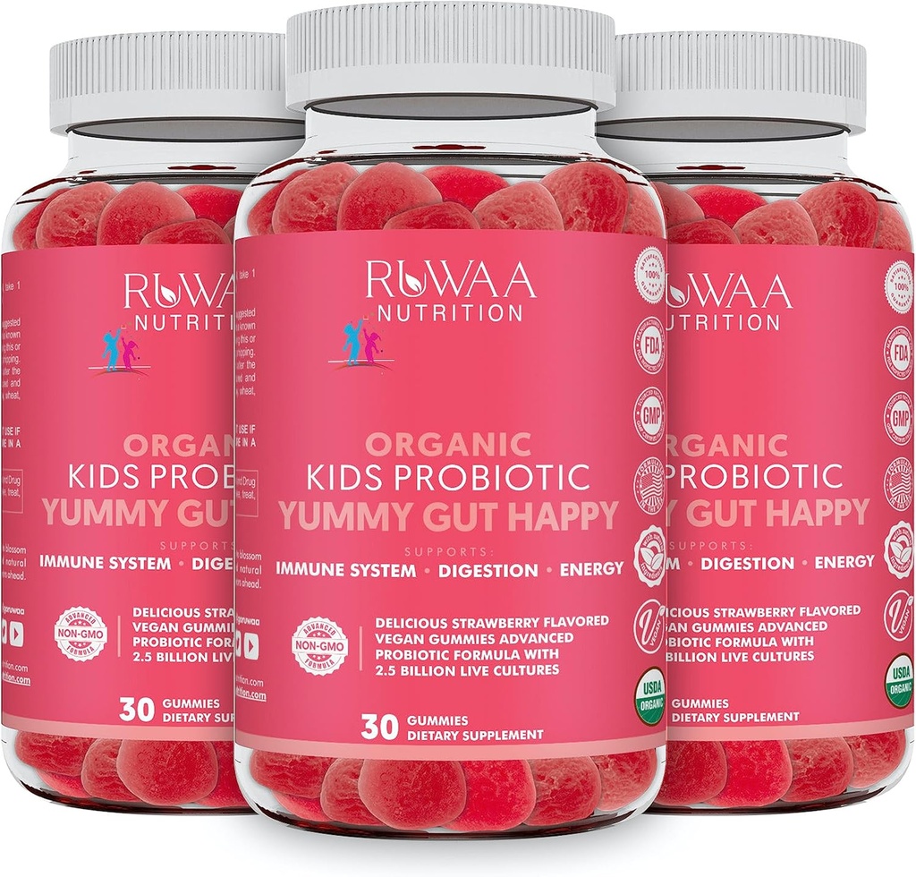 Kid Probiotické gumy pro stravitelné zdraví, žvýkací denní protetika pro děti věku 4 +. Orální péče, břišní diskomfort, Gut Health. Strawberry Flavor, USDA Organic, Probiotika pro děti 90ct (3)