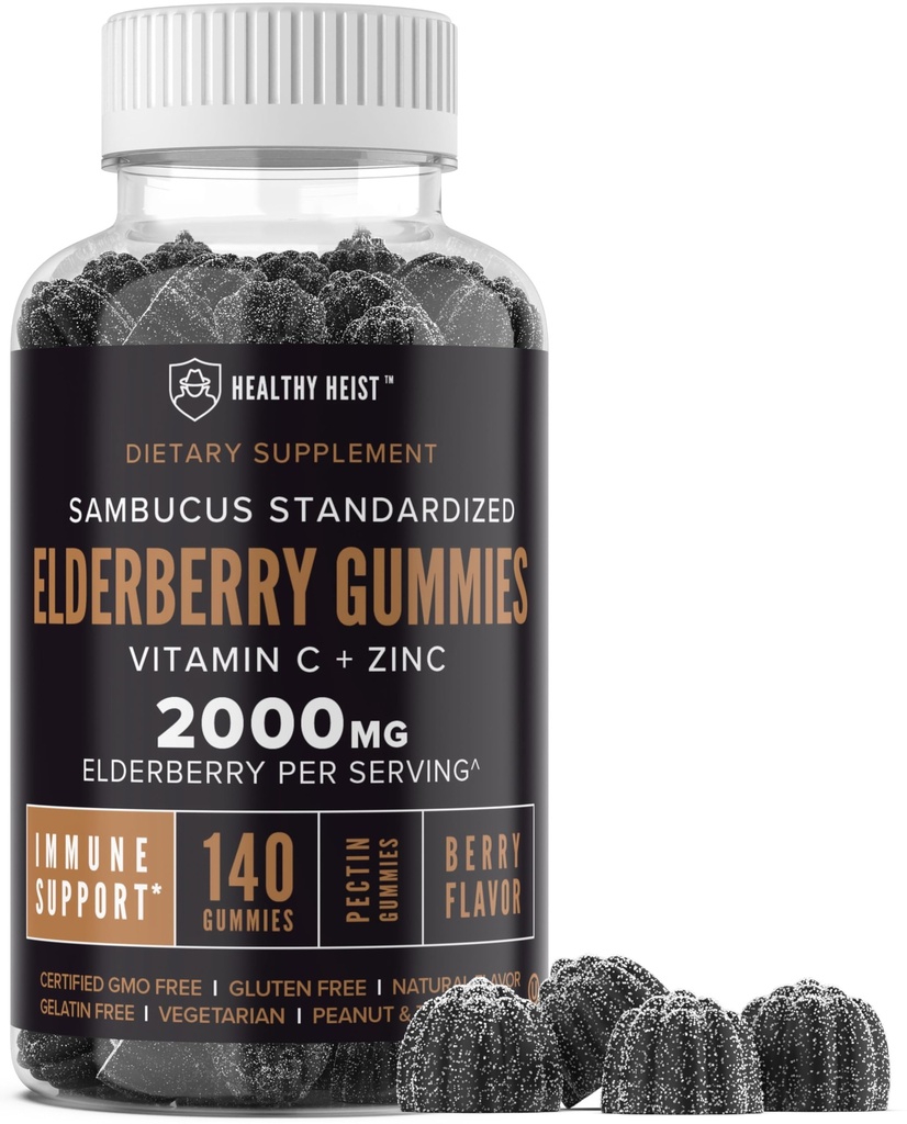 Sambucus Black Elderberry Gummies s zinkem a vitaminem C, 140 Gummies, Žvýkací imunitní podpora pro dospělé a děti, Non GMO, Kosher, Pectin, Vegan, Delicious Berry Flavor