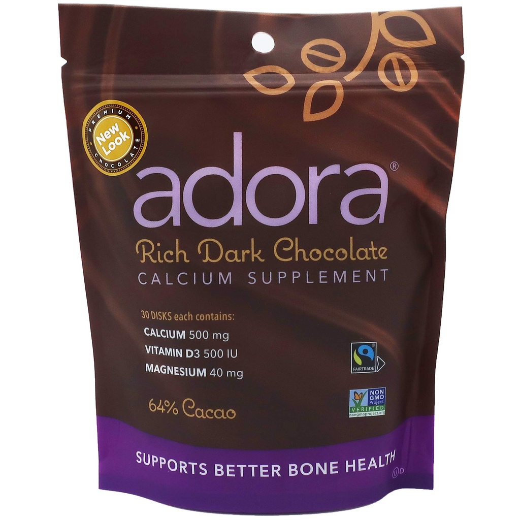 Adora doplněk vápníku, Fairtrade Dark Chocolate, Single Pack - 30 ct