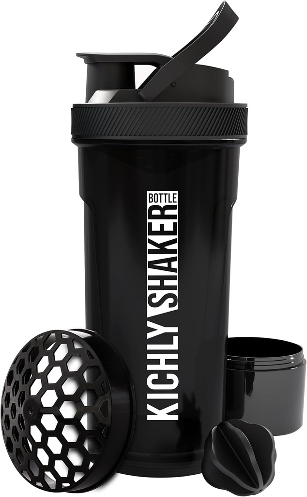 KICHLY Shaker Lahvička 1 Pack - 24 Ounce Plastic Protein Shaker Lahvička pro Pre & Post cvičení s Twist & Lock Protein Box Storage (Black)