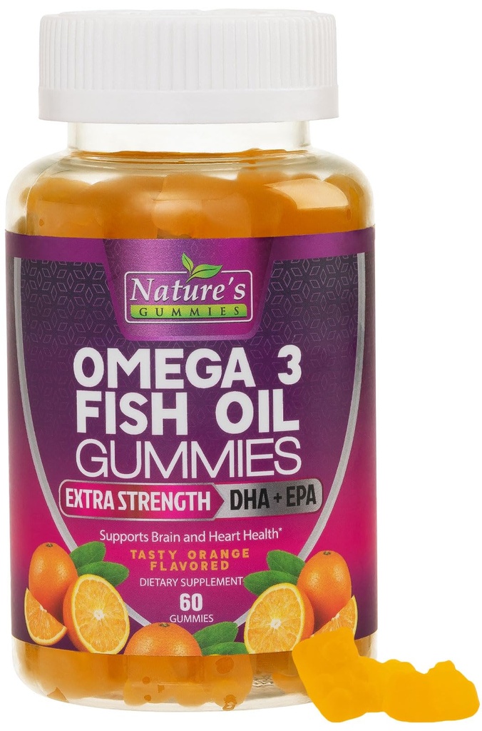 Omega 3 Fish Oil Gummies, Srdce zdravé Omega 3 Gummy dodatek s vysokou absorpcí DHA & EPA, Extra sílu kloubu & Brain Support, Delicious Orange Flavor Fish Oil Nature 's Vitamin - 60 Gummies