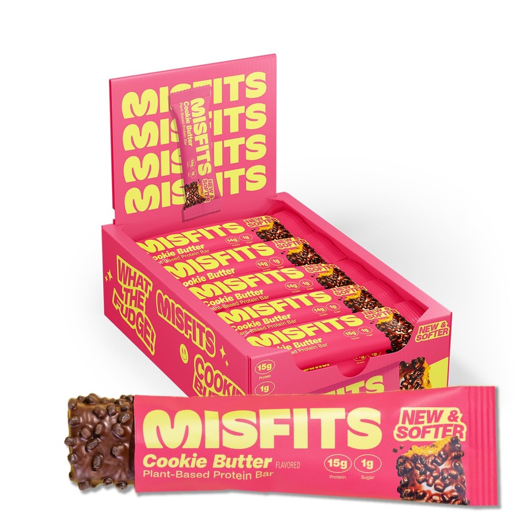 Misfit Vegan Protein Bary, Cookie máslo - Aktualizováno recept 124; Plant based, Nízký cukr & Karb, High Fiber Snacks 124; Balení po 15