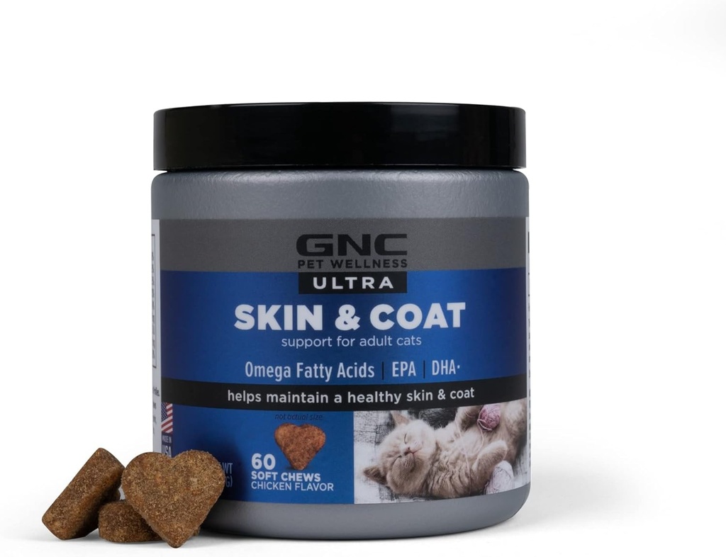 GNC Domácí zvířata Ultra kůže & Coat měkké žvýkací, kuřecí ochucené kočičí vitamíny, Anti Shedding dodatek pro kočky se suchou kůží, Léčba a lupy pomoc, 60 Počet