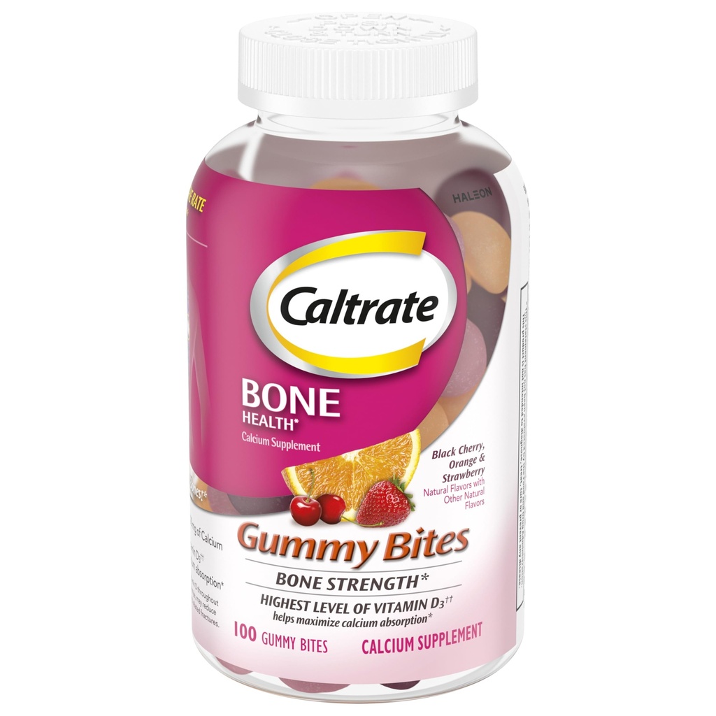Caltate Gummy Bites 500 mg vápník a vitamín D dodatek, černá třešeň, jahoda, pomeranč - 100 Počet