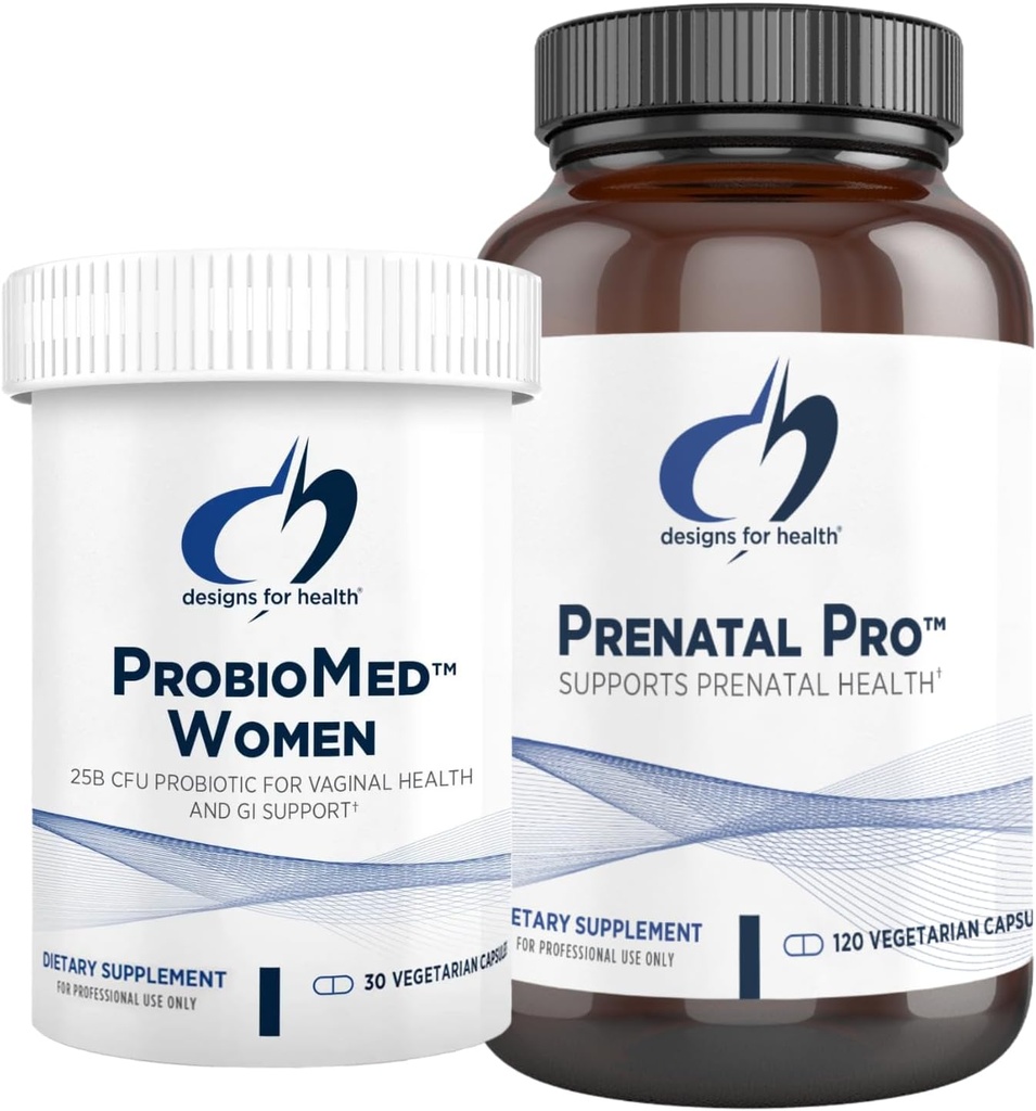 Designy pro zdraví Prenatal & Probiotic Bundle - Prenatal Pro (180 Kapsle) Prenatal Multivitamin s folátem a chelatované minerály & ProbioMed ženy (30 Kapsle) Gut Zdraví & Vaginální Probiotic