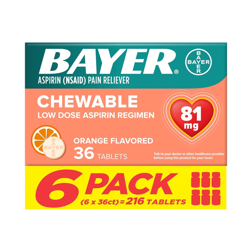 Bayer Aspirin Nízká dávka 81 mg Žvýkací tablety, Reliever bolesti, Oranžová ochucená, 216 tablet (6 balení)