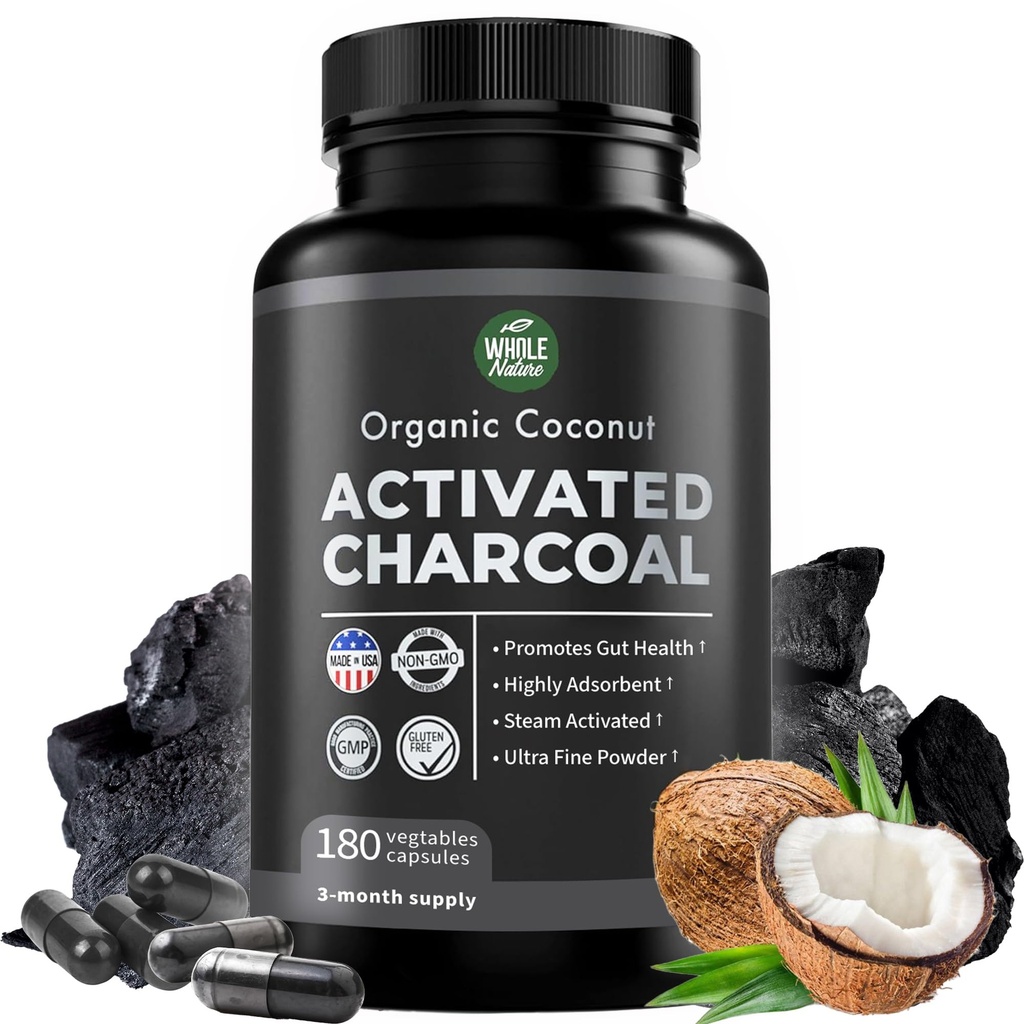 Čisté Coconut Aktivované Charcoal Kapsle - 180 Charcoal pilulky, Pomáhá s bělení zubů, nadýmání a vyčištění těla. Non- GMO - Gluten Free, Vegan