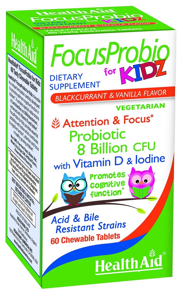 FocusProbio pro Kidz, 60 žvýkací tablety, podporuje kognitivní funkci pro pozornost a zaměření. Černý rybíz a Vanilla Flavor, Obsahuje vitamin D & jód. Acid & Bile Resistant Strains. Vegetarián