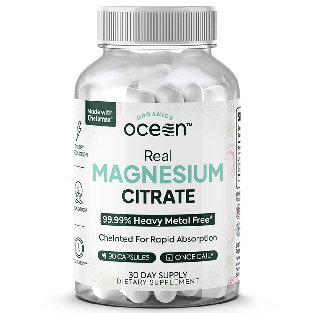 Organický oceán Real Magnesium Citrát - Vysoká absorpce doplněk hořčíku - Chelatovaný hořčík na podporu energie, relaxace a regulace