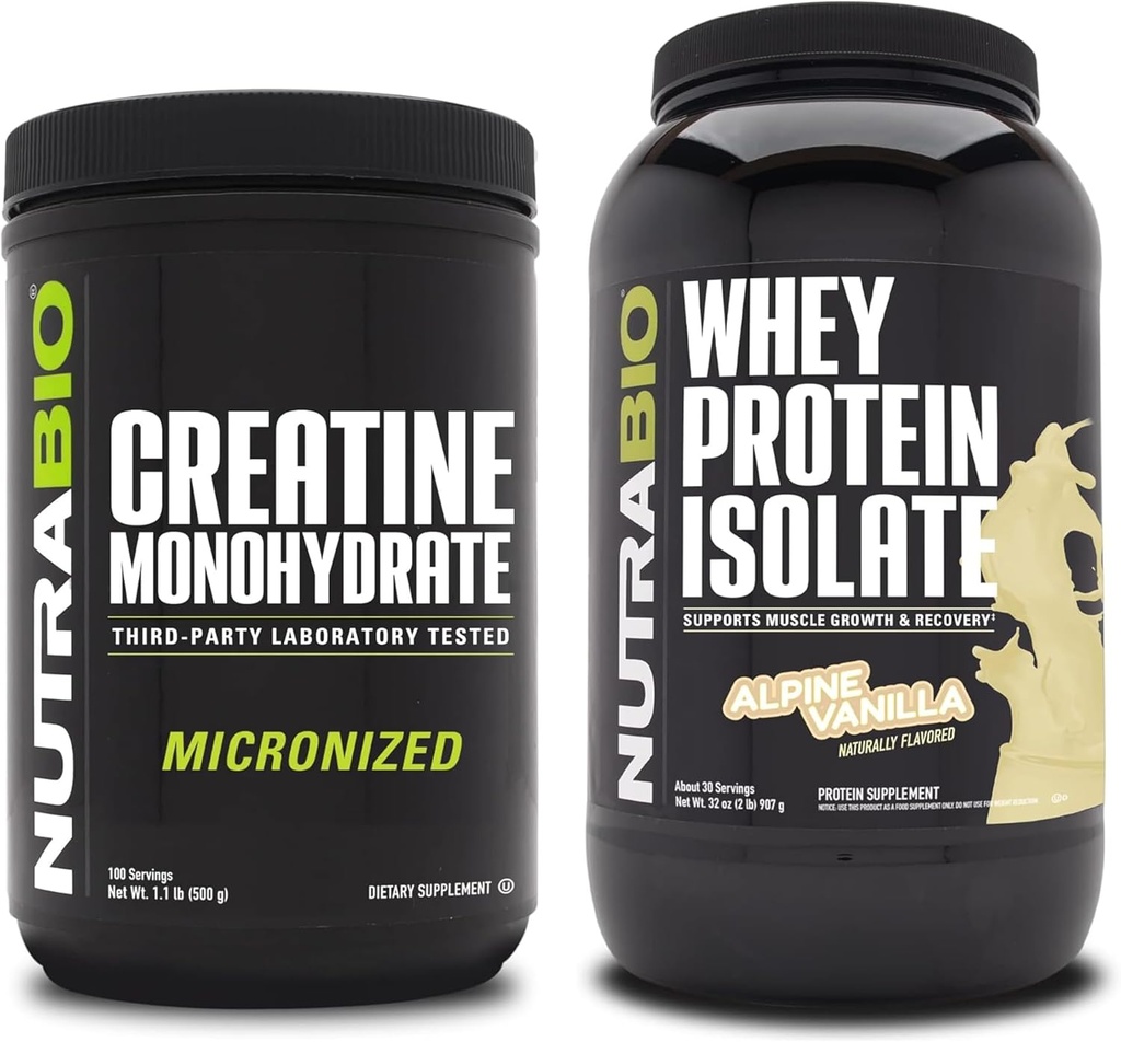 NutraBio Creatin Monohydrát, Neochucené, 500g a syrovátka protein izolát, alpská vanilka, dodatek Bundle - Svalová energie, Lean růst svalů, zotavení, a síla