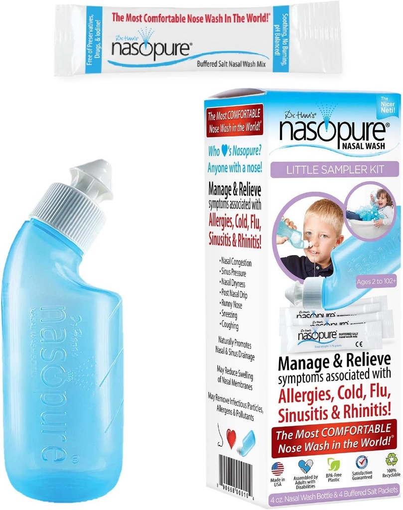 Nasopure Nasal Wash, Little Sampler Kit, "The Nicer Neti Pot" Sinus Wash Kit, Komfortní Nasal Rinse 4 Oz Bottle & 4 Salt Packets (3.75 Gr Each), Nasal Congestion, Cold, Alergie, Nasal zavlažování
