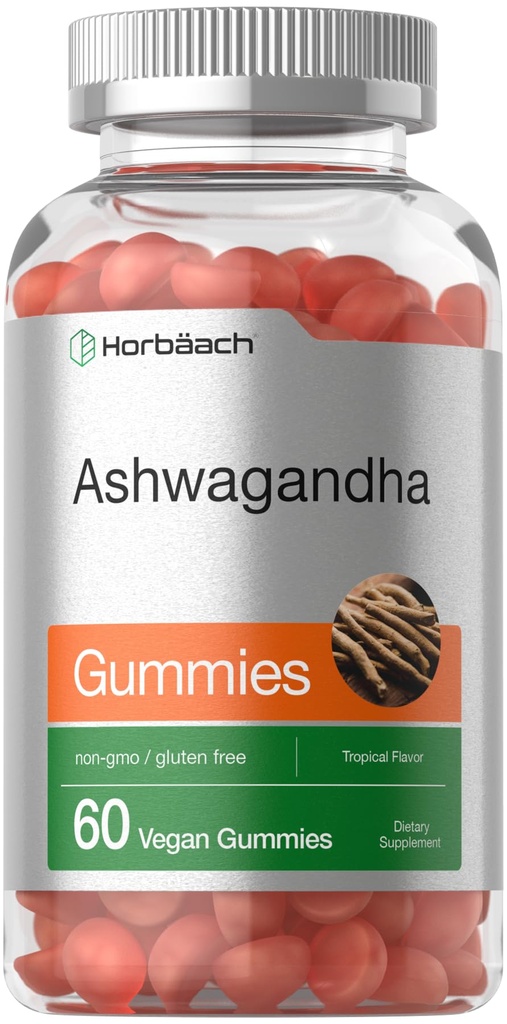 Horbäach Ashwagandha Gummies pro ženy a muže 124; 60 hrabě 124; Vegan, Non-GMO, gluten zdarma dodatek 124; Tropické Flavor