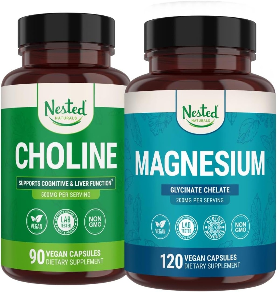 Nested Naturals Choline Bitartate & Magnesium Glycinate Chelate Stack IR 124; Relaxace, Podpora spánku, Kognitivní výkon (210 Počet)