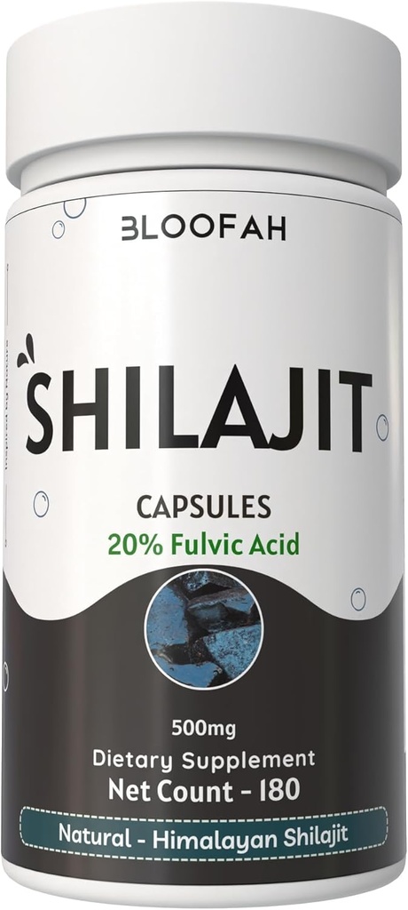 Bloodfah Shilajit Kapsle 500mg Supplium 124; 20% Extract Fulvic Acid Supplium 124; Natural Shilajit Powder (Ashaltum) Supplium 124; Non- GMO, gluten- Free Supplium 124; Premium Wellness Supplement for Daily Use (180 Count (Pack of 1))