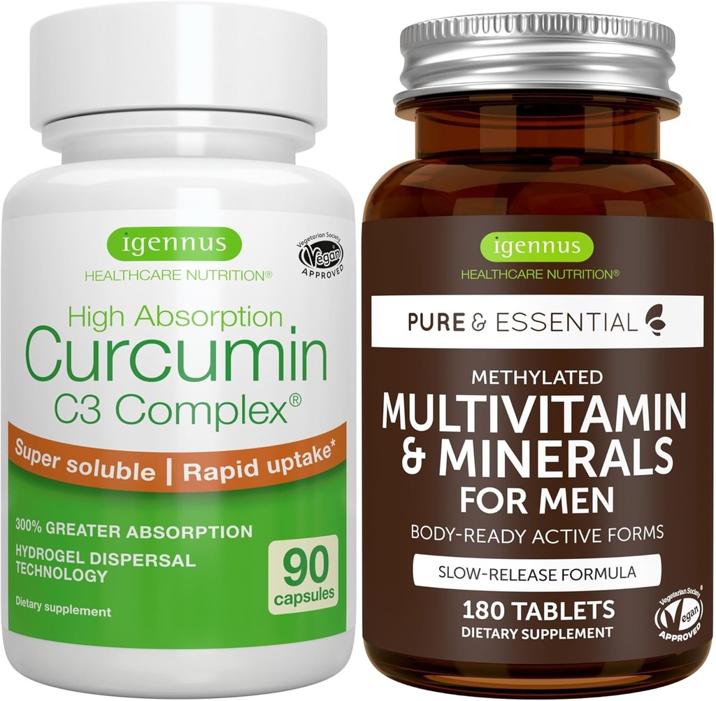 Multivitamin & Minerály pro muže + High Absorption Curcumin C3 Complex, Vegan Bundle, Setrvalá verze Advanced Multivitamin + 300% větší Absorpční Curcuminoidy s Rapid Uptake, by Igennus