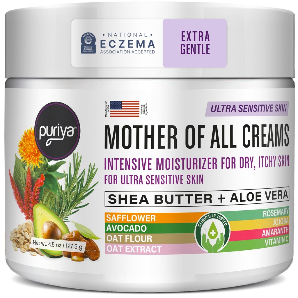 Puriya National Eczema Association Accepted Cream 4.5 oz, Dry Itchy Skin Relief, Koloidní ovesné vločky, Pro děti, Dospělí, Tvář, Ruce, Matka všech krémů, Plant- based Hydration, No Fragrance Přidáno