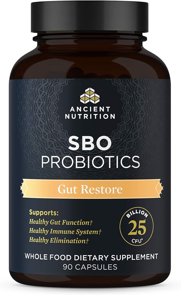 Starověké Nutriční Probiotika, SBO Probiotika Gut Obnovit 90 Ct, Promotes Gut zdraví, Stravovací a imunitní podpora, Gluten Free, Superfoods Blend, 25 miliard CFU * per Serving, 90 Kapsle