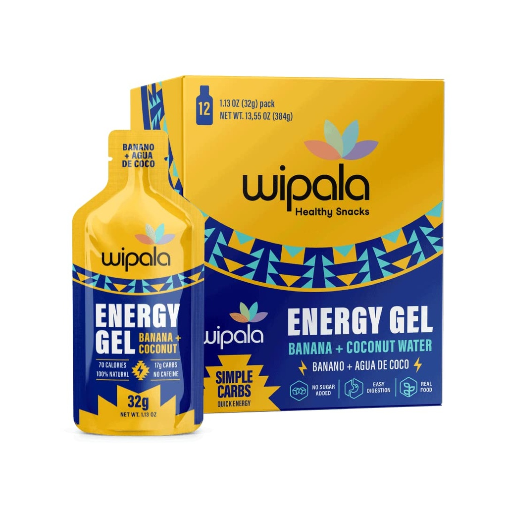 Wipala Energy Gel, Banana Coconut, 12 Pack - Caffeine Free, Certified Vegan, Non GMO - Čistá energie pro vytrvalost cvičení, běh a výkon
