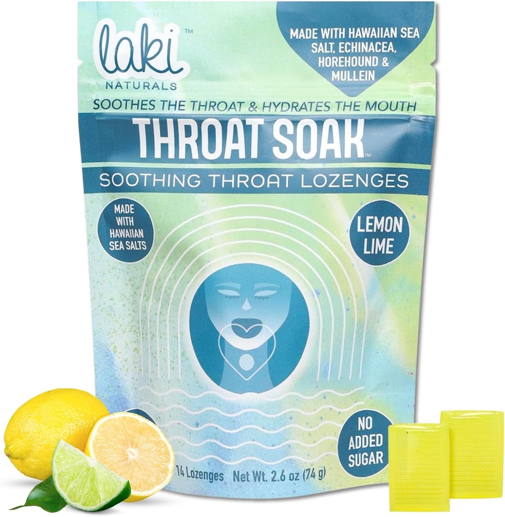 Laki Naturals Throat Soak Herbal Throat Lozenges (14 Ct) - Hawaiian Sea Salt Sore Throat & Dry Mouth Soothing Drops - Vegan, Non- GMO, Sugar- Free & Gluten- Free Sweet and Salty Herbal Candies