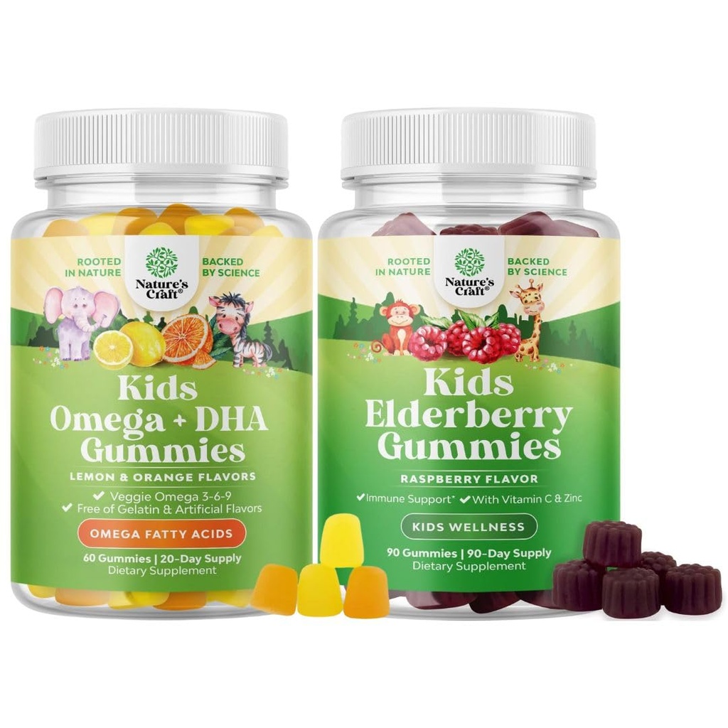 Svazky dětí DHA Omega 3 gumové - mastné kyseliny Omega 3 6 9 pro mozkovou imunitní sílu a vizi - Nutriční DHA a Sambucus Elderberry gumové pro zdraví dětí - Zinek a vitamin C pro imunitní podporu