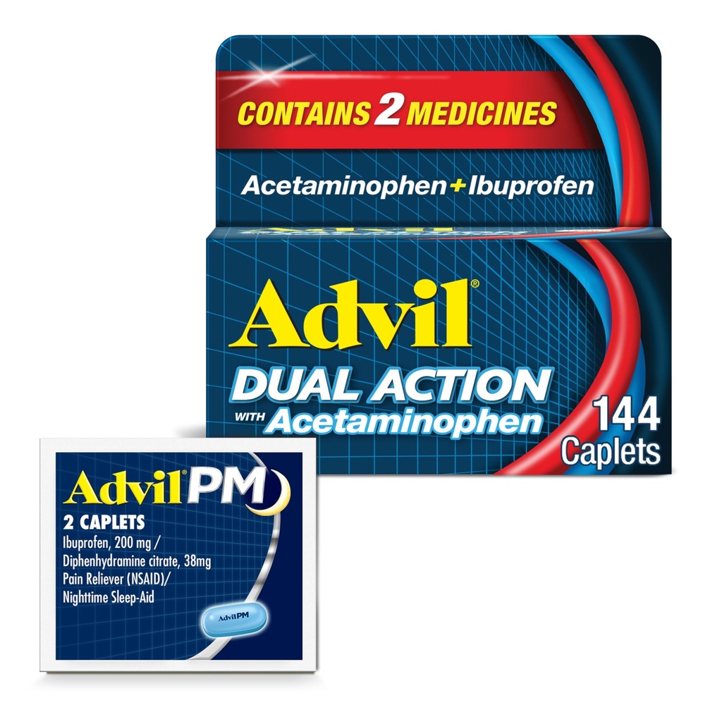 Advil Dual Action with Acetaminophen and Ibuprofen (2 Dávka Ekvivalentní) Pro 8 Hodinové úlevy od bolesti, potažený 144 Ct kapsle a 2 Ct. Vzorek Advil PM
