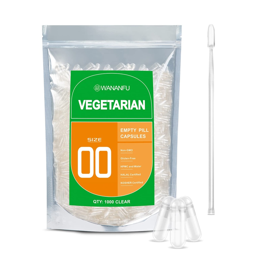 wananfu Velikost 00 Prázdné kapsle Vegetariánské (1000 Počet) Bundle s Micro Lab Spoon, Čiré vyplnitelné Veggie Pill Kapsle 00 pro výrobu vlastní doplňky