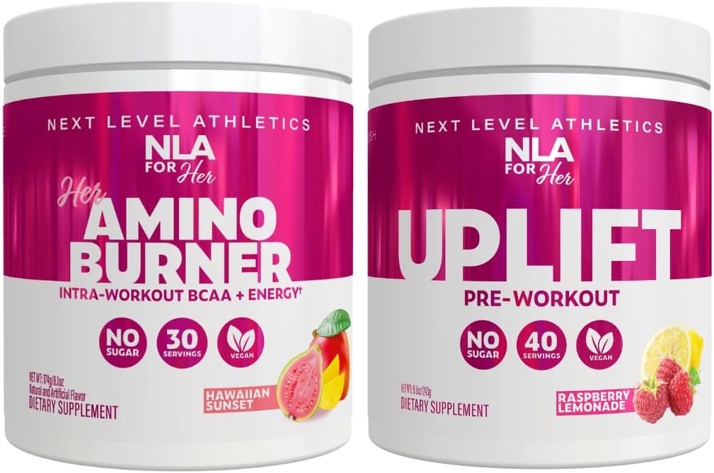 NLA pro její Pre / Intra Workout Stack (zahrnuje její termogenní Amino Hawaiian Sunset a Uplift Pre Workout Raspberry Lemonade)